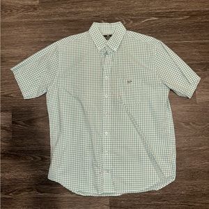 Short Sleeve Teal/White Casual Dress Shirt with Birddog emblem on Chest pocket